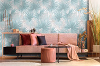 Papier peint mural moderne fabriqué en Allemagne, motif jungle bleu beige blanc, vinyle non tissé insonorisant, feuilles pour chambre et salle de sport