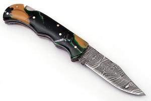 Couteau pliant en acier Damas personnalisé OEM, couteau pliant de camping en plein air, lame en acier Damas, avec étui en cuir - Product Image 2