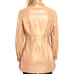 Women's Stylish Lightweight Faux Leather Long Sleeve T-Shirt <b>Brown</b> Comfortable Fit for Office or Street Fashion Leather Shirt - Product Image 5