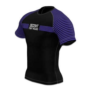 Decent Fight Wears - T-shirt Rash Guard à manches courtes pour homme, noir et violet rayé, séchage rapide, Spandex Polyester, MMA BJJ Grappling - Product Image 3