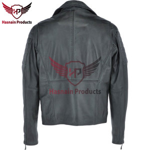 Blouson de motard en cuir véritable noir pour homme, col à revers asymétrique, manches matelassées, en peau de mouton, poches zippées, coupe ajustée - Product Image 3