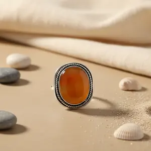 Anillo de Plata 925 con Cornalina para Mujer, Joyería Elegante con Baño de Rodio, Anillos con Piedras Preciosas, Incrustaciones de Circonita para Promesas - Product Image 1