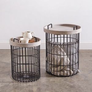 Cesta de mimbre de metal usada para mesa grande con parte superior de madera también se puede utilizar como mesa Cesta de mesa más vendida - Product Image 3