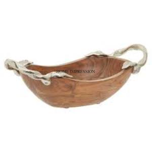 Poignées de designer en aluminium moulé plaqué or pour les aliments en bois de manguier et la salade servant un bol en bois de forme ronde - Product Image 3