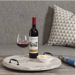 Plateau de service Lazy Susan en bois massif lavé blanc de 18 pouces avec poignée en métal vintage - Product Image 4