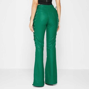 Pantalones Acampanados de Cuero Vegano Personalizados para Mujer, Verde, Ajustados, con Cordones, Corte Recortado, Cintura Alta, Talla Grande, Transpirables y a la Moda - Product Image 3