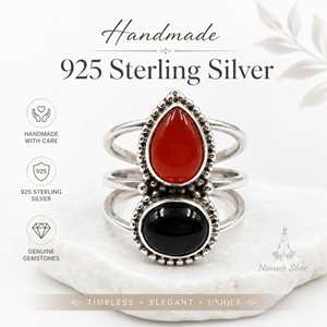 <b>Black</b> Onyx <b>Ring</b>, Red Gemstone 925 Sterling Silver Two-Stone Design - Product Image 3