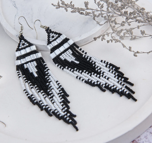 High Quality Fringe Seed Bead Long <b>Earrings</b>, <b>Black</b> and White Long Beaded Fringe <b>Earrings</b> Fringe Tassel <b>Earrings</b> - Gold - Long - Product Image 1