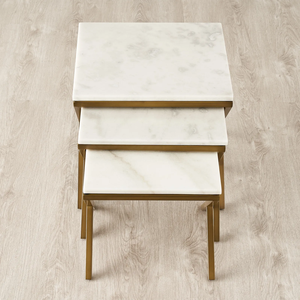 Contemporary <strong>Nested</strong> Marble Top Accent <strong>Tables</strong> with Crossed Brass Finish Iron Frames Gold Metal Side <strong>Table</strong> with <strong>White</strong> Marble Top - Product Image 4