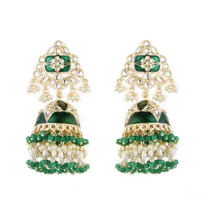 Anting-anting Jhumki desainer buatan tangan yang indah Indo Western Green Meenakari Jhumki dengan 108803 pelapisan emas