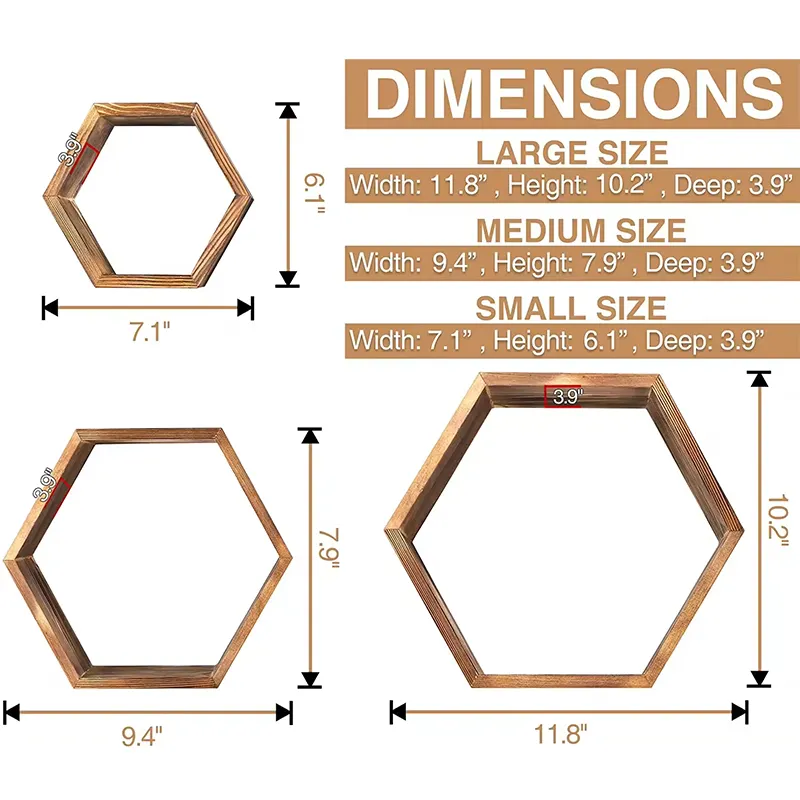 משושה קיר דקור צף מדפים-3-Pack דקורטיבי מדף אורן עץ גיאומטרי מדפים