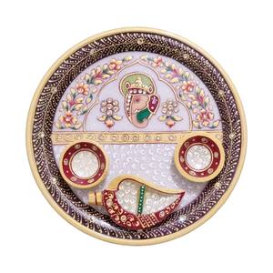 Beautiful Best Selling White Makrana Marble Gold Painted Pooja Thali Elegant <b>Gift</b> <b>Set</b> Design for Spiritual Use - Product Image 1