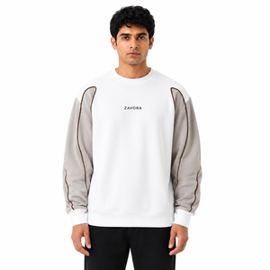 Sweat-shirt pour homme blanc à col rond avec empiècements taupe et détails de passepoil sur les manches, pull décontracté, logo personnalisé, fabricant de sweats à capuche en gros aux États-Unis - Product Image 1