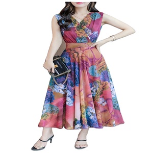 Vibrant <b>Romantic</b> Multi Color Wrap Tea-Length A-Line <b>Dress</b> Contrast Chiffon Sleeveless V-Neck Floral Breathable <b>Dress</b> - Product Image 1
