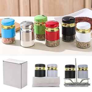 Nuovo Set di Barattoli <span class=keywords><strong>per</strong></span> Spezie da Cucina in Acciaio Inox e Vetro con Coperchio Girevole, Set di Saliera e Pepiera in Stile Rustico con Supporto - Product Image 5