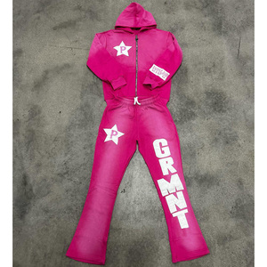 Custom Acid Wash Embroidery Patch Work Zip Up Hoodie And Flared Sweatpants Set Plus Size Tracksuit For Men - Product Image 1