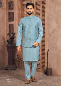 Kurta Pajama de Seda Banglori Pesada con Bordado de Lentejuelas para Hombre con Koti para Bodas y Uso Casual Disponible en Grandes Cantidades - Product Image 3