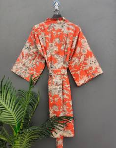 Kimono con estampado de algodón 100% Floral naranja bohemio hecho a mano, bata de ducha ligera, secado rápido, transpirable, hasta la rodilla, Verano - Product Image 5