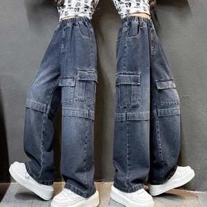 Venta al por mayor de pantalones vaqueros Cargo de segunda mujer de pierna ancha pantalones de mezclilla cuadrados cintura bordada Hip Hop ecológico Spandex/algodón Floral - Product Image 5