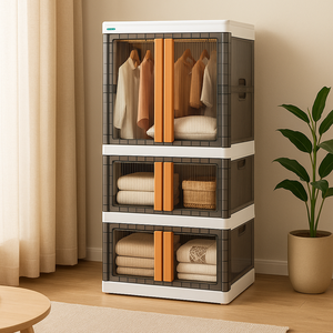 3886-3 3T Hokori <b>Collapsible</b> Storage Cabinet Three-Tier Plastic <b>Wardrobe</b> with Wheels and Side Handles for Clothing and Home Use - Product Image 6