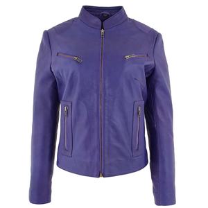 Veste de motard en cuir d'agneau véritable pour femme, violette, surdimensionnée, manteau d'hiver pour moto avec doublure en laine et fermeture à boutons - Product Image 5