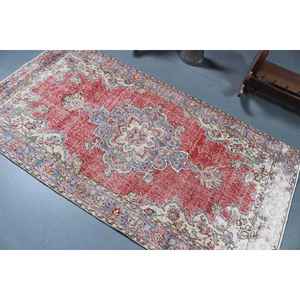 Alfombra Turca Vintage, Alfombra de 3.6x6.9 pies, Alfombra Floral Roja y Azul - Product Image 4