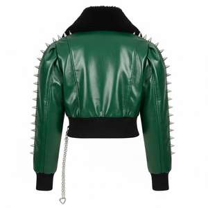 Chaqueta de Motociclista Punk de Cuero Genuino Rojo para Mujer con Mangas con Tachuelas y Detalles de Cadena - Product Image 4