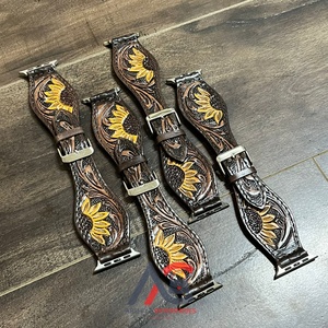 New Vintage High Quality Hand Tooled Leather Sunflower Design Unisex <b>Watch</b> <b>Band</b> Genuine Leather Replacement <b>Band</b> for Apple <b>Watch</b> - Product Image 1