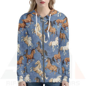 Sudadera con Capucha para Mujer, Diseño de Caballo Azul en Estampado Terry Premium, Cierre Frontal con Cremallera, Manga Larga, Estilo Casual Moderno - Product Image 3
