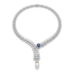 Collier de mariage classique pour femme en or blanc 18 carats avec perles fantaisie taille poire et taille marquise, diamants de laboratoire certifiés IGI - Product Image 3