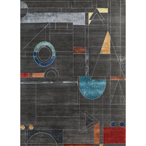 Alfombra Aakar Kavi Esk-315 de Lana y Seda de Bambú Anudada a Mano, Gris y Negra, Diseño Abstracto, para el Hogar, Pasillo, Técnica de Tejido Plano, Rectangular, para Adolescentes - Product Image 1