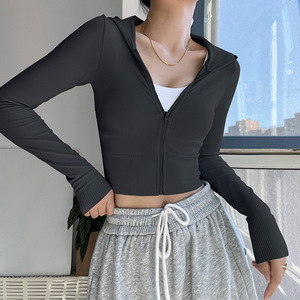 Offre Spéciale vêtements pour femmes à manches longues veste de gymnastique femmes séchage rapide fermeture éclair couleur unie entraînement course à capuche sport Fitness haut - Product Image 3