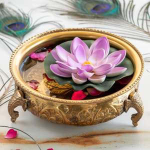 Traditional Style Gold Brass Urli with <b>Elephant</b> Trunk and Foliage Design Round Shape Tabletop Vase for Diwali Festivities - Product Image 5
