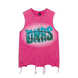 Summer Hip Hop Vests with Chain European and American Streetwear Vest <b>Men's</b> Washed Ripped Necklace <b>Sleeveless</b> <b>Tshirts</b> Tops - Product Image 5