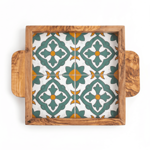 Plateau de service carré élégant en bois d'olivier et céramique, plateau ottoman pour la décoration moderne de table basse - Product Image 2