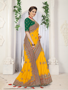 Trendmalls - Sari de Satén Color Limón para Mujer, Pieza de Blusa Sin Coser (K919-Amarillo), Ropa India y Pakistaní, Estilo Fiesta, Boda - Product Image 4