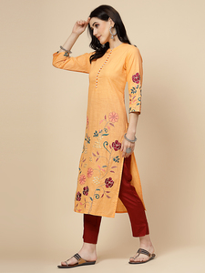 Ensemble Kurti et pantalon pour femme, style été tendance, orange et marron, belle broderie, 100% coton, manches longues, col mandarin, coupe droite - Product Image 2
