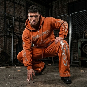 Ensemble de survêtement homme avec sweat à capuche zippé et pantalon de jogging, motif strass orange, style streetwear, deux pièces, vente en gros OEM - Product Image 3
