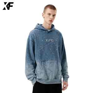 XUFEI Original 100% algodón gráfico ácido lavado recortado Rhinestone Sudadera con capucha para hombres patrón de invierno personalizado - Product Image 5