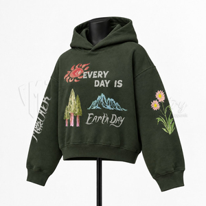 Sweat-shirt à capuche vert pour femme, broderie artisanale motif Journée de la Terre, décontracté, manches longues, tricot écologique - Product Image 3