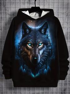 Sweat à capuche pour homme avec motif de loup, broderie 3D, 100% coton, streetwear, poche avant, design - Product Image 5
