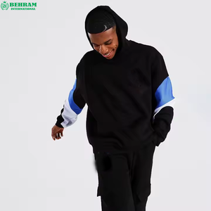 Ensemble de survêtement pour homme, pull à capuche noir, bleu et blanc, manches longues, coupe ample, style streetwear, avec poches latérales et cordon de serrage - Product Image 6