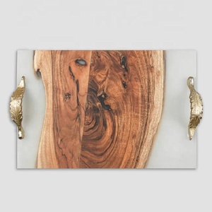 Bandeja rectangular moderna de madera de acacia para servir, hecha a mano, elegante, de madera, segura para alimentos, plato de charcutería de resina epoxi para bodas - Product Image 6