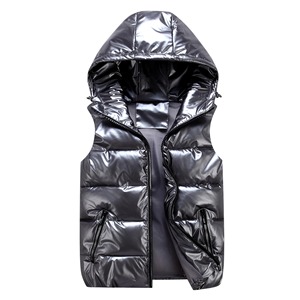 Gilet matelassé sans manches d'hiver, logo personnalisé, imperméable, brillant, gilet pour homme avec capuche - Product Image 3