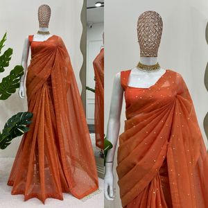 Estilo Bollywood secuencia trabajo sombreado Georgette fiesta desgaste sari con blusa de lujo - Product Image 4