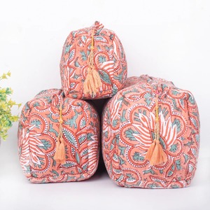Indian Cotton Peach Floral Hand Block Print <b>Large</b> Vintage Water Resistant Eco-Friendly Durable Travel Case Quilted <b>Zipper</b> Makeup - Product Image 3