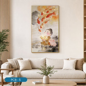 Buda con Pez Dorado y Loto, Impresión en Lienzo Hecha a Mano con Tela de Seda, PCB-5, Arte Religioso Moderno, Decoración de Interiores, Marca HALO - Product Image 2