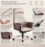 Chaise de bureau de direction en cuir de luxe, dossier haut, ergonomique, pivotante, avec assise en cuir véritable et base à cinq branches en alliage d'aluminium
