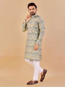 Pyjama Kurta en coton de créateur multicolore style Manyavar pour hommes, vêtement de mariage indien pakistanais, imprimé en relief - Product Image 2