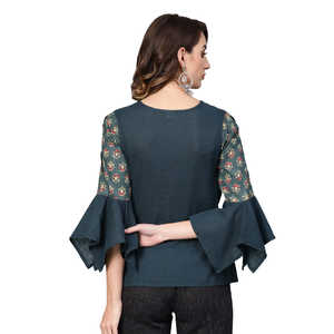 Top Regular Floral con estampado de algodón gris azulado para mujer, cuello asimétrico bordado, traje largo de primavera bonito XL - Product Image 3
